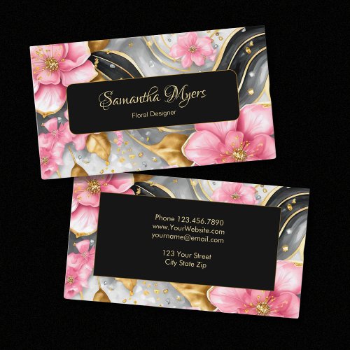 Luxurious Pink Botanical Gold Leaf Alcohol Ink Business Card