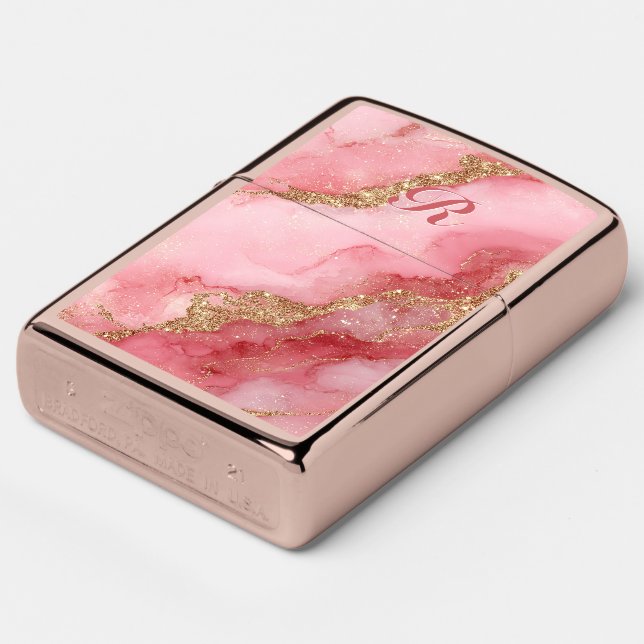 Luxurious pink fluid marble zippo lighter (Angle)