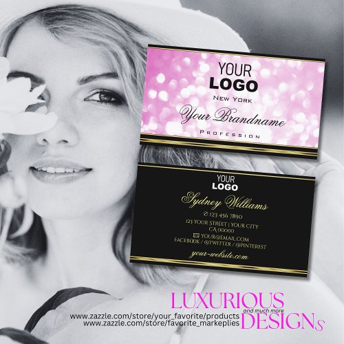 Luxurious Pink Glitter Black Gold Border and Logo Business Card