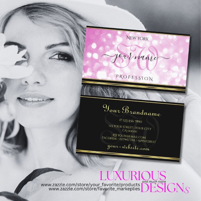 Luxurious Pink Glitter Black Gold Border Initials Business Card (Creator Uploaded)