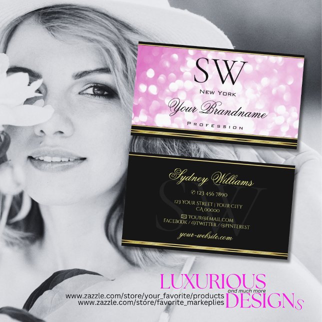 Luxurious Pink Glitter Black Gold Border Monogram  Business Card (Creator Uploaded)
