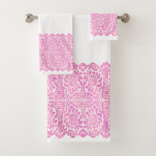 LUXURIOUS PINK Lace on white Bath Towel Set