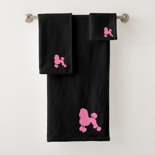 LUXURIOUS PINK POODLE DOG ON BLACK Plush Bath Towel Set (Insitu)