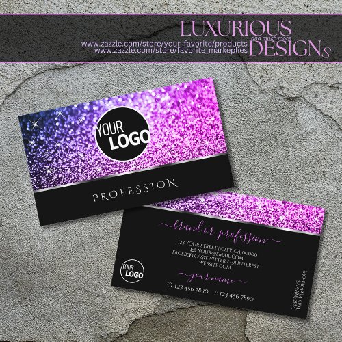 Luxurious Pink Purple Glitter Stars Black add Logo Business Card