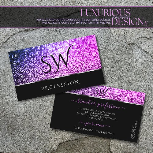 Luxurious Pink Purple Glitter Stars Black Initials Business Card