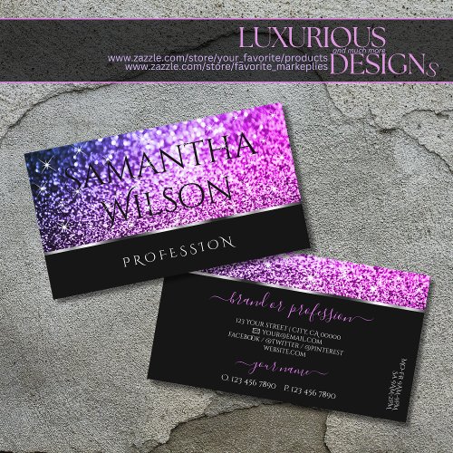 Luxurious Pink Purple Glitter Stars Stylish Black Business Card