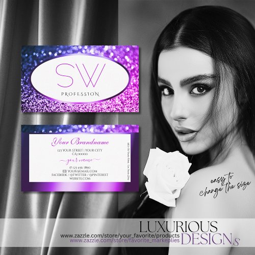Luxurious Pink Purple Glitter White with Monogram Business Card