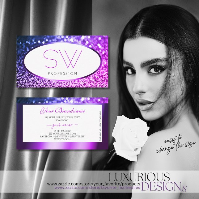Luxurious Pink Purple Glitter White with Monogram Business Card (Creator Uploaded)