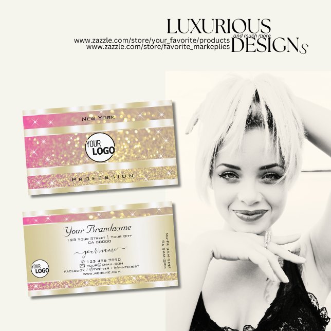 Luxurious Pink Purple Gold Glitter Stars add Logo Business Card (Creator Uploaded)