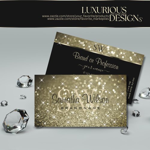 Luxurious Platinum Glitter Luminous Stars Monogram Business Card