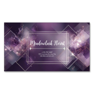 Luxurious Plum Geometric Cosmic Burst Silver Business Card Magnet