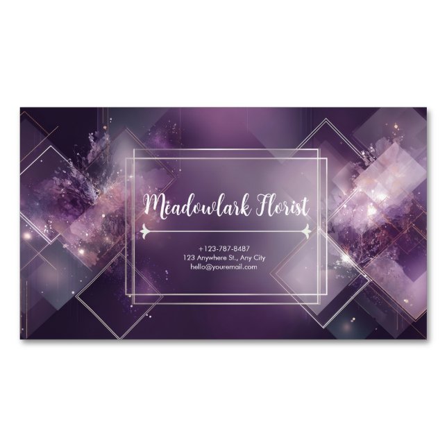 Luxurious Plum Geometric Cosmic Burst Silver Business Card Magnet (Front)