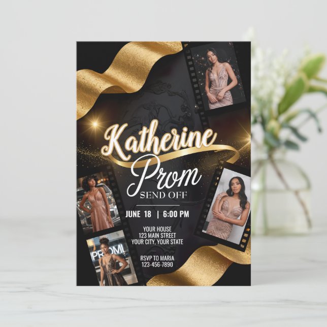 Luxurious Prom Send Off Gold Ribbon Film Roll Invitation (Standing Front)