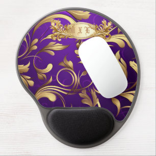 Luxurious Purple and Gold Damask Monogrammed Gel Mouse Pad