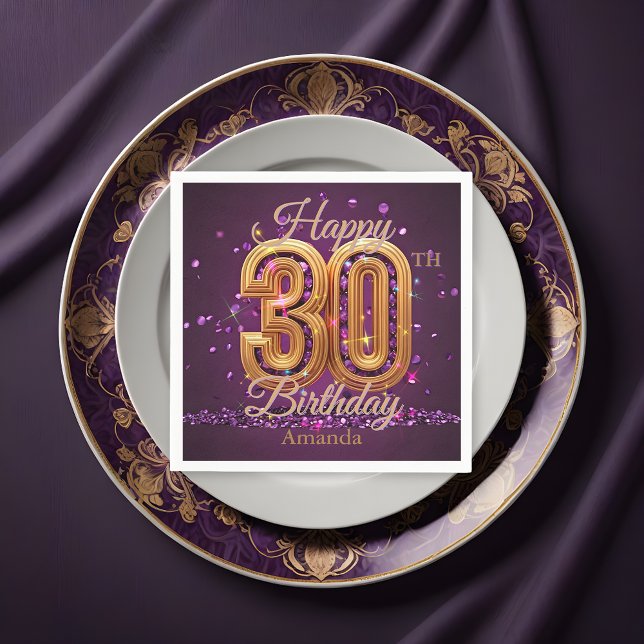 Luxurious Purple and Gold Gemstone 30th Birthday Napkins (Creator Uploaded)