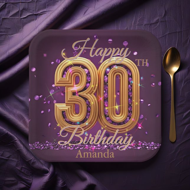 Luxurious Purple and Gold Gemstone 30th Birthday Paper Plates (Creator Uploaded)