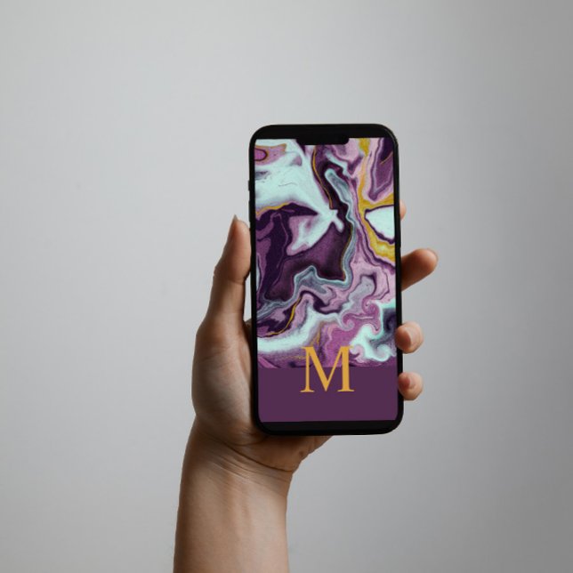 Luxurious Purple and Gold Marble Monogram Speck iPhone 12 Case (Hand painted original art by Playful Pixel Designs)