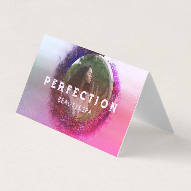 Luxurious Purple and Pink Ombre Circle Frame Photo Business Card (Front)