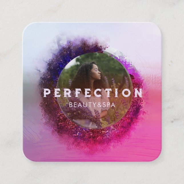 Luxurious Purple and Pink Ombre Circle Frame Photo Square Business Card (Front)