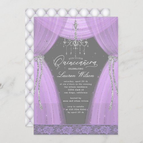 luxurious purple chandelier sparkle Quinceanera Invitation