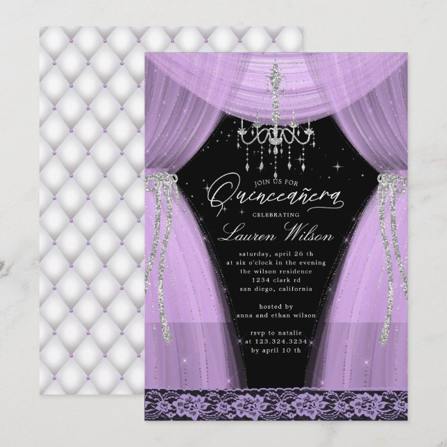 luxurious purple chandelier sparkle Quinceanera Invitation (Front/Back)