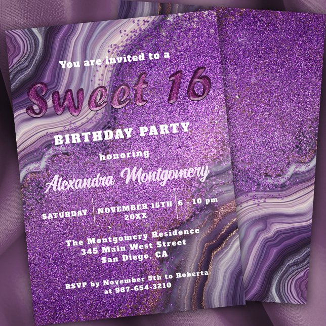 Luxurious Purple Glitter Agate Marble Sweet 16  Invitation (Creator Uploaded)