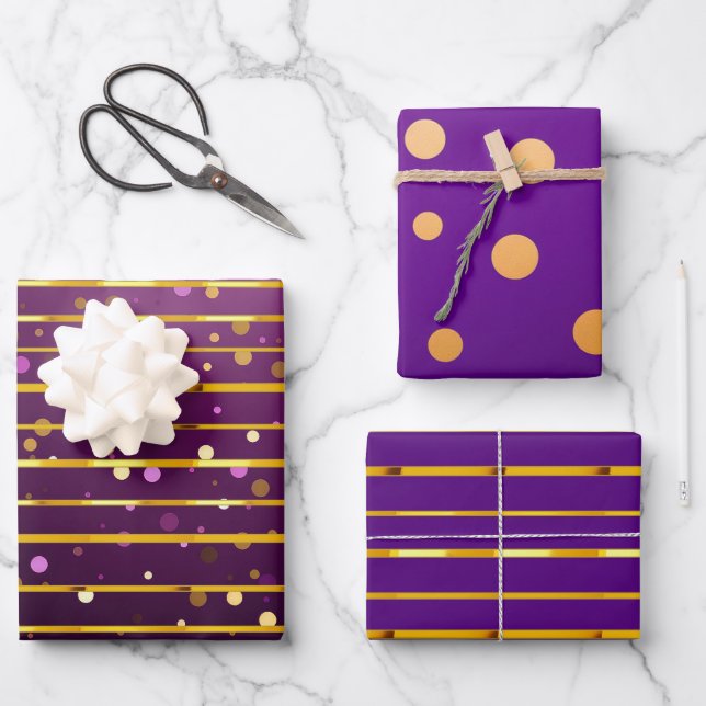 Luxurious Purple & Gold Stripe and Dot Christmas  Wrapping Paper Sheets (Front)