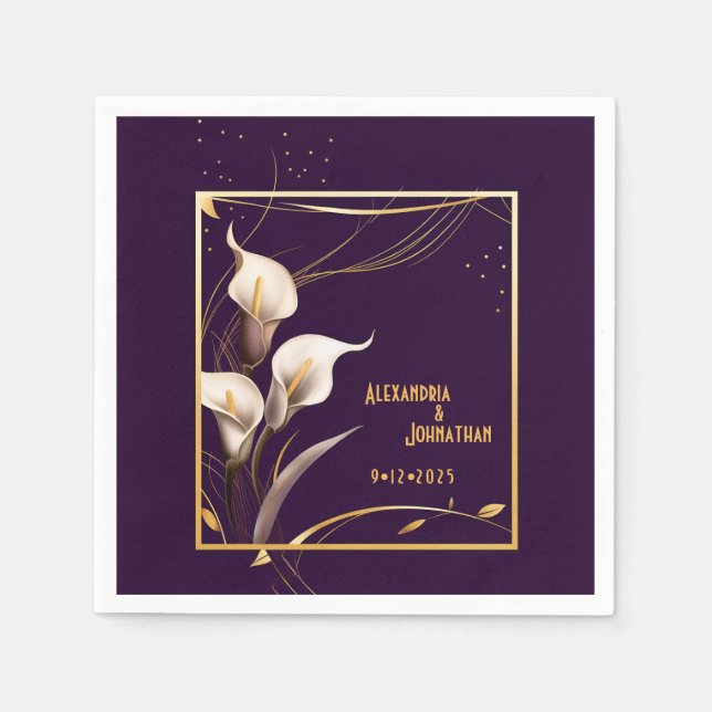  Luxurious Purple & Ivory Calla Lily Wedding  Napkins (Front)