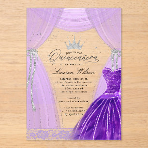 Luxurious Purple Princess Sparkle Quinceanera Acrylic Invitations