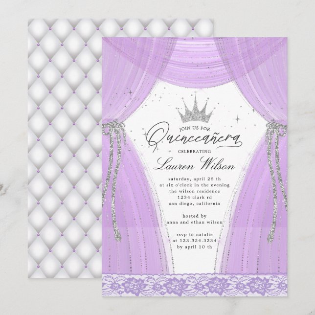 luxurious purple princess sparkle Quinceanera Invitation (Front/Back)
