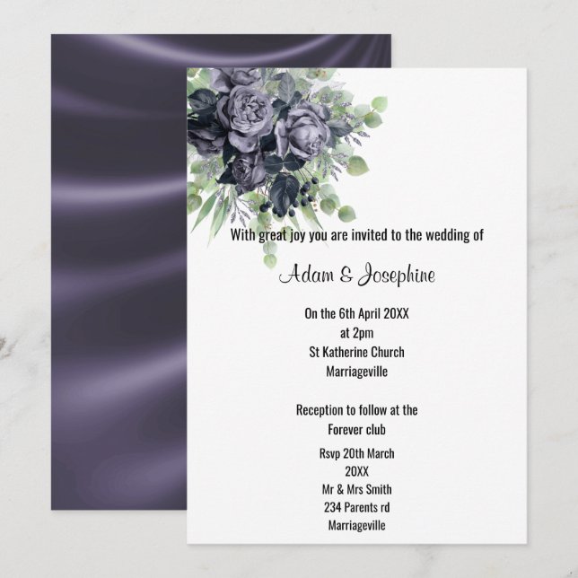 LUXURIOUS PURPLE SATIN FLORAL ELEGANT 2 WEDDING  INVITATION (Front/Back)