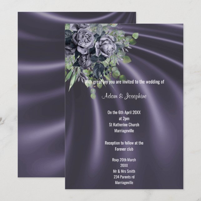 LUXURIOUS PURPLE SATIN FLORAL  ELEGANT WEDDING INVITATION (Front/Back)