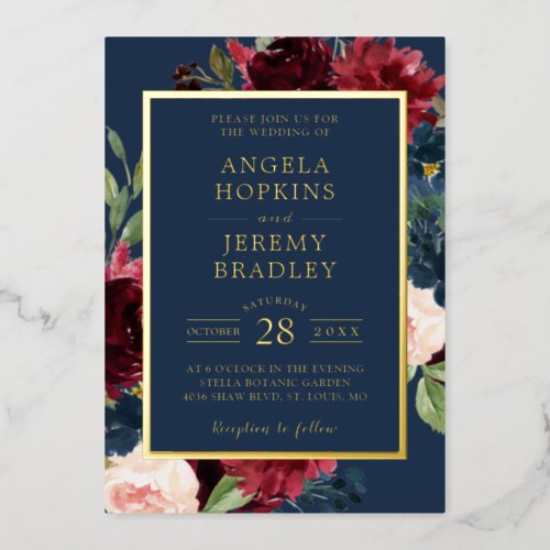 Luxurious Real Gold  Burgundy Navy Floral Wedding Foil Invitation