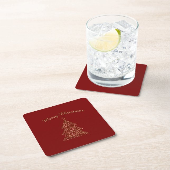 Luxurious Red and Gold Personalized Christmas Square Paper Coaster (Insitu)