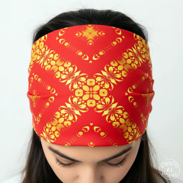 Luxurious Red & Faux Gold Baroque Damask Floral Bandana (Creator Uploaded)