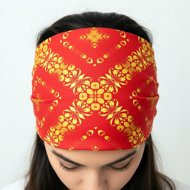 Luxurious Red & Faux Gold Baroque Damask Floral Bandana (Creator Uploaded)
