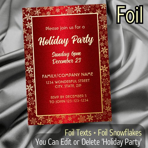 Luxurious Red Gold Foil Snowflakes Holiday Party Foil Invitation