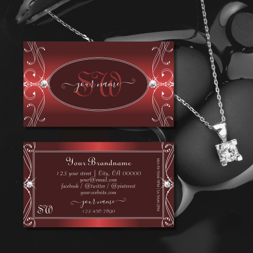 Luxurious Red Ornate Sparkling Diamonds Monogram Business Card