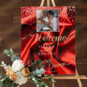 Luxurious Red Rehearsal Dinner Photo Welcome Sign
