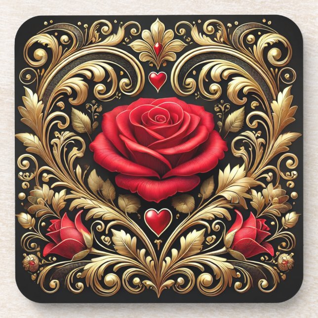 Luxurious Red Rose and Gold Heart Artwork  Beverage Coaster (Front)