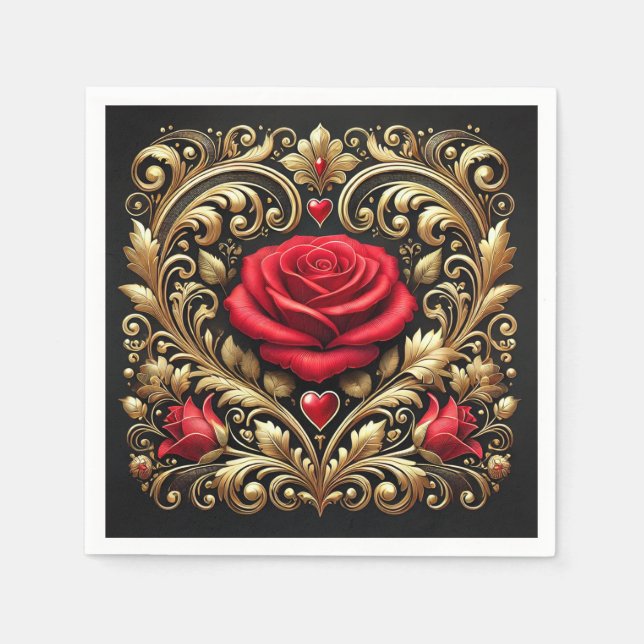 Luxurious Red Rose and Gold Heart Artwork Paper Napkins (Front)