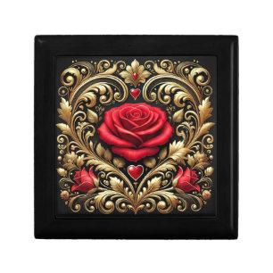 Luxurious Red Rose and Gold Heart Wooden Jewelry Gift Box