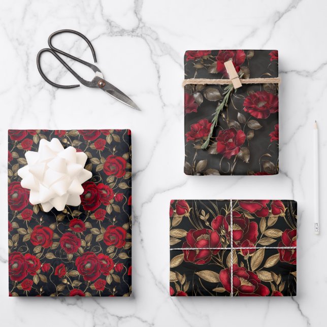 Luxurious Red Rose & Gold Leaf Pattern on Black Wrapping Paper Sheets (Front)