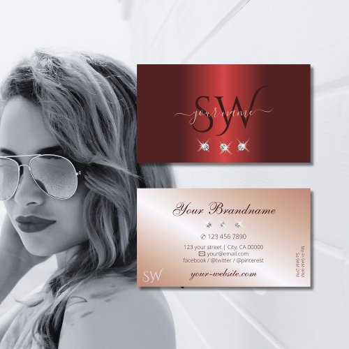 Luxurious Red Rose Gold Sparkle Diamonds Initials Business Card