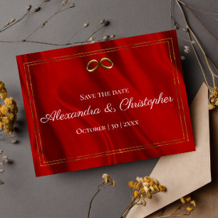 Luxurious Red Silk and Gold Wedding Save the Date Announcement Postcard