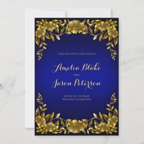 Luxurious Regal Gold Frame on Blue Wedding Invitation