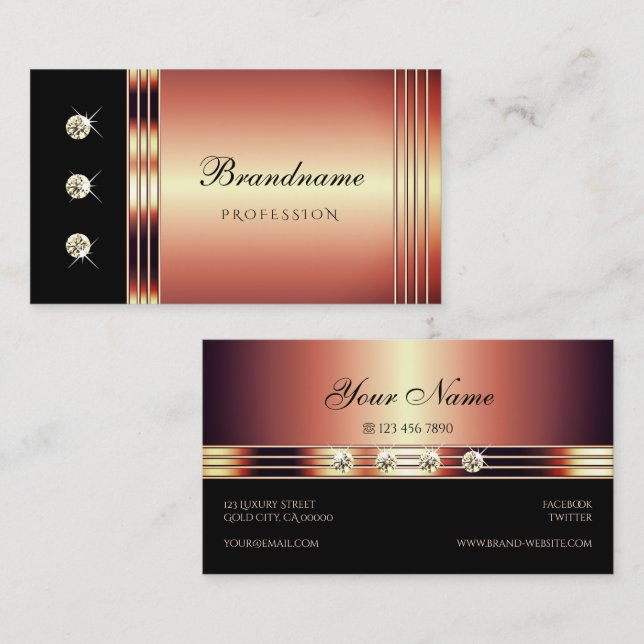 Luxurious Rose Gold and Black with Glitzy Diamonds Business Card (Front/Back)