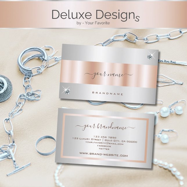 Luxurious Rose Gold and Silver Shimmer Diamonds Business Card (Creator Uploaded)