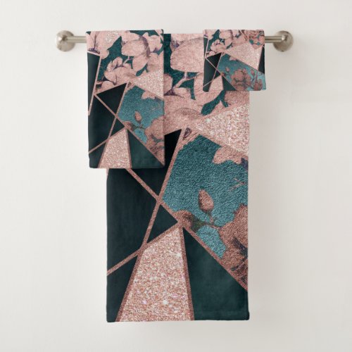Luxurious Rose Gold Artsy Floral Geometric Pattern Bath Towel Set