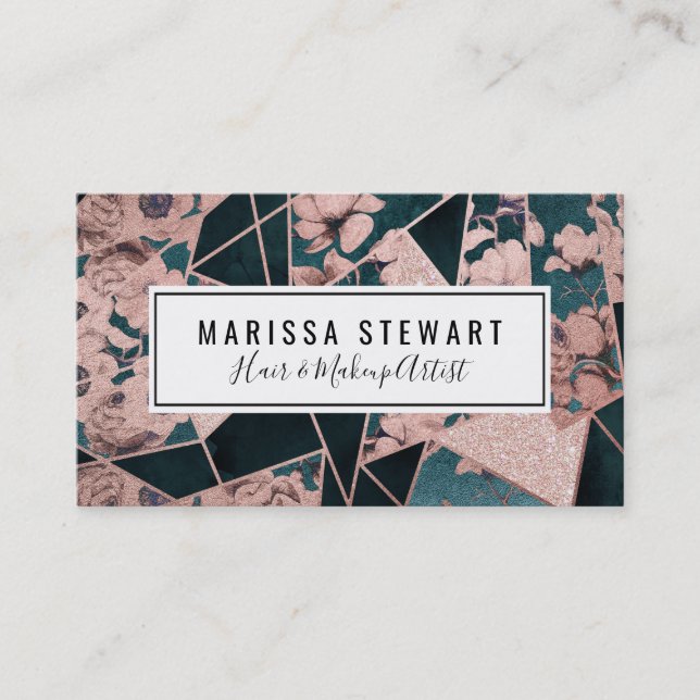 Luxurious Rose Gold Artsy Floral Geometric Pattern Business Card (Front)